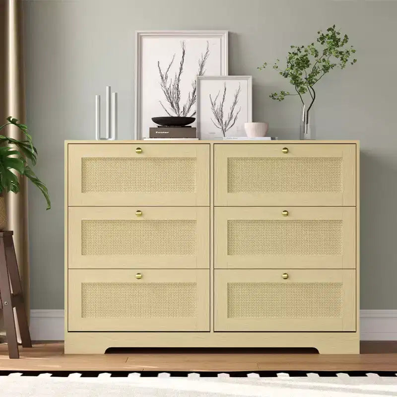 COZONY Commode Bohème Moderne à 6 Tiroirs avec Pieds en Bois Massif, Longue Armoire de Rangement pour Chambre et Salon