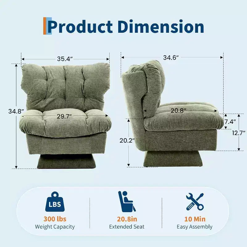 Fauteuil pivotant à 360° - Fauteuil de lecture moderne avec coussin épais et tissu chenille douillet | Fauteuil rembourré pour salon, chambre à coucher