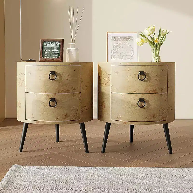 Table d'appoint ronde avec tiroirs Table de chevet moderne avec rangement Table d'appoint en bois avec pieds en métal pour salon, chambre à coucher