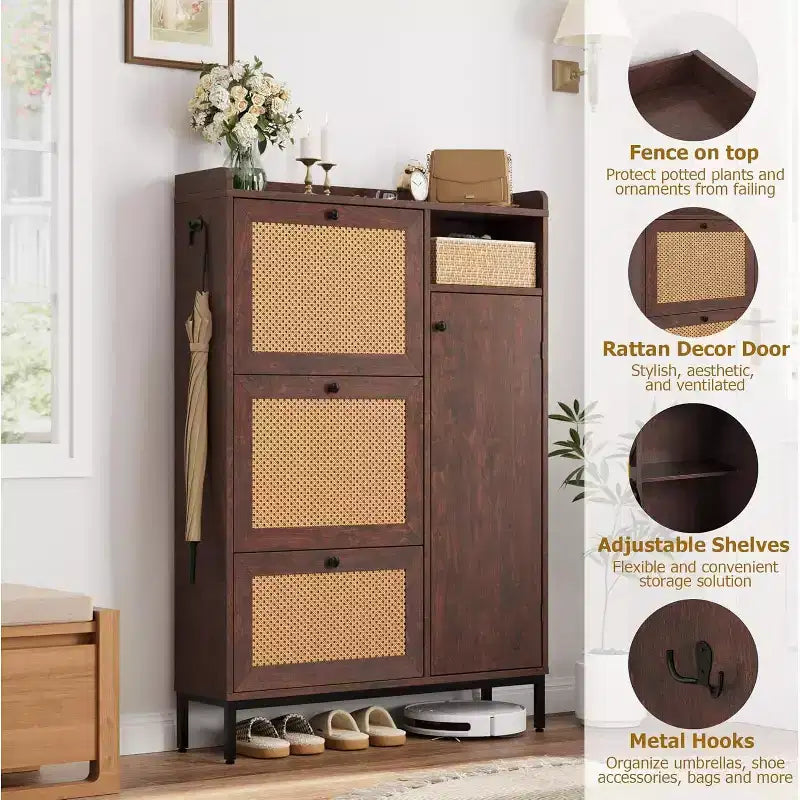 Meuble de rangement à chaussures en rotin à 4 niveaux avec 3 tiroirs basculants, Organisateur de chaussures sur pied avec étagères réglables pour entrée, placard, couloir
