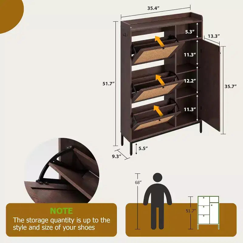 Meuble de rangement à chaussures en rotin à 4 niveaux avec 3 tiroirs basculants, Organisateur de chaussures sur pied avec étagères réglables pour entrée, placard, couloir