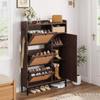Meuble de rangement à chaussures en rotin à 4 niveaux avec 3 tiroirs basculants, Organisateur de chaussures sur pied avec étagères réglables pour entrée, placard, couloir