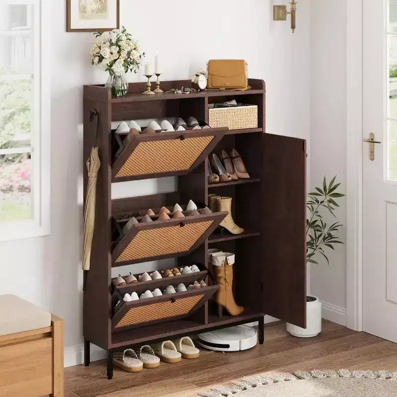 Meuble de rangement à chaussures en rotin à 4 niveaux avec 3 tiroirs basculants, Organisateur de chaussures sur pied avec étagères réglables pour entrée, placard, couloir