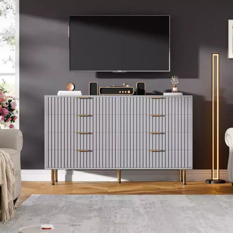 Commode à 8 tiroirs pour chambre à coucher, 140 cm de large, en bois moderne, design anti-basculement, organisateur de rangement robuste pour salon, entrée, chambre d'enfants