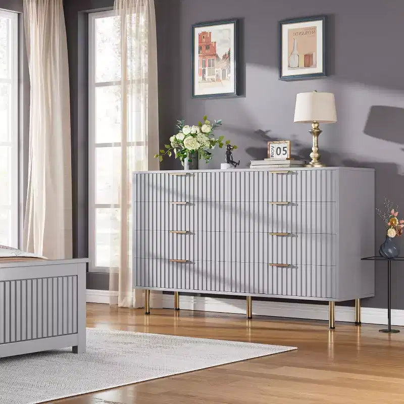 Commode à 8 tiroirs pour chambre à coucher, 140 cm de large, en bois moderne, design anti-basculement, organisateur de rangement robuste pour salon, entrée, chambre d'enfants