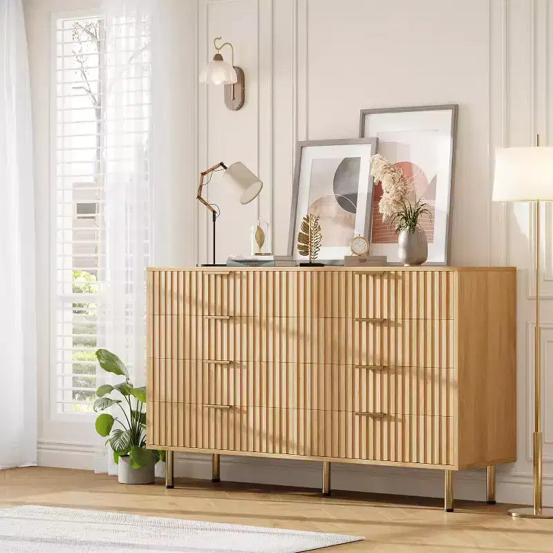 Commode à 8 tiroirs pour chambre à coucher, 140 cm de large, en bois moderne, design anti-basculement, organisateur de rangement robuste pour salon, entrée, chambre d'enfants