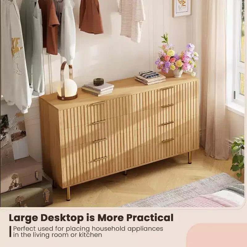 Commode à 8 tiroirs pour chambre à coucher, 140 cm de large, en bois moderne, design anti-basculement, organisateur de rangement robuste pour salon, entrée, chambre d'enfants