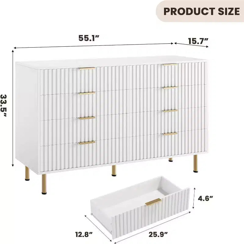 Commode à 8 tiroirs pour chambre à coucher, 140 cm de large, en bois moderne, design anti-basculement, organisateur de rangement robuste pour salon, entrée, chambre d'enfants
