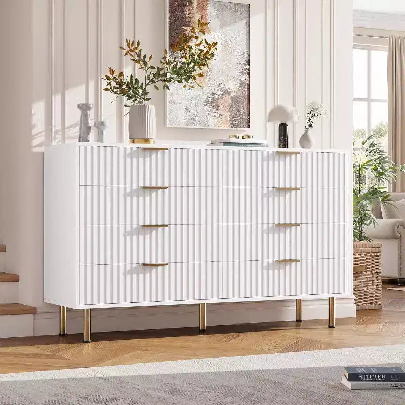 Commode à 8 tiroirs pour chambre à coucher, 140 cm de large, en bois moderne, design anti-basculement, organisateur de rangement robuste pour salon, entrée, chambre d'enfants
