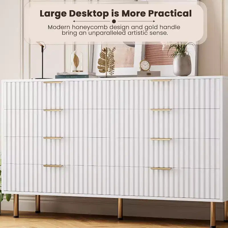 Commode à 8 tiroirs pour chambre à coucher, 140 cm de large, en bois moderne, design anti-basculement, organisateur de rangement robuste pour salon, entrée, chambre d'enfants
