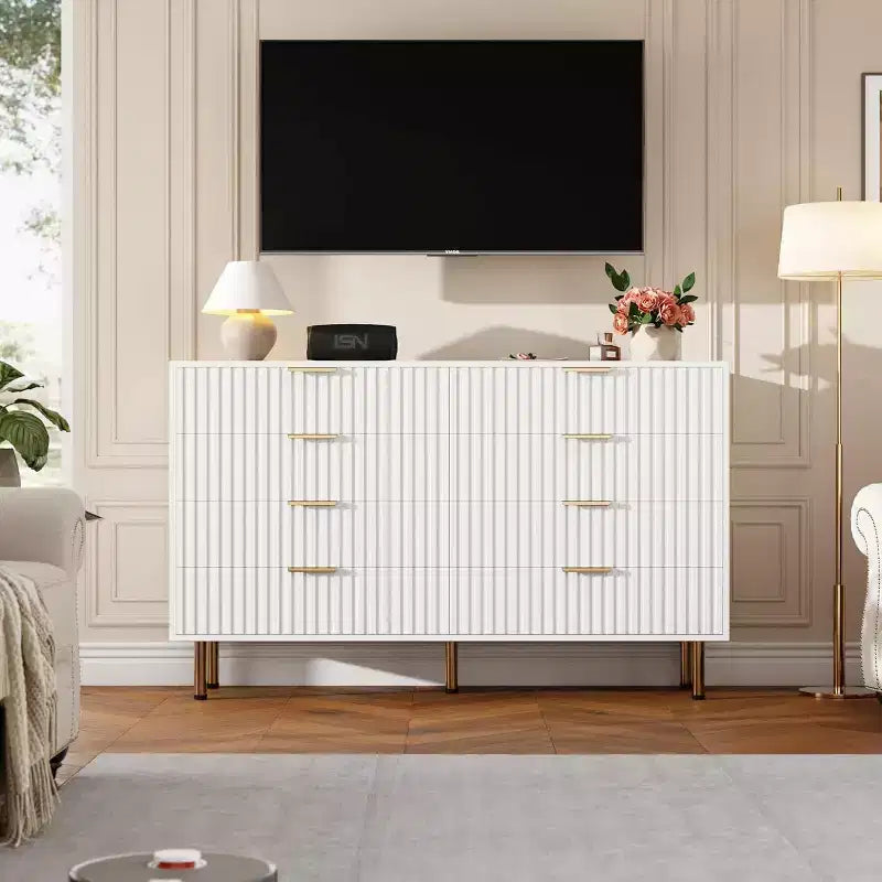 Commode à 8 tiroirs pour chambre à coucher, 140 cm de large, en bois moderne, design anti-basculement, organisateur de rangement robuste pour salon, entrée, chambre d'enfants