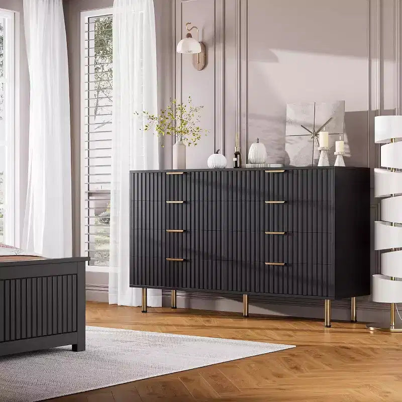Commode à 8 tiroirs pour chambre à coucher, 140 cm de large, en bois moderne, design anti-basculement, organisateur de rangement robuste pour salon, entrée, chambre d'enfants