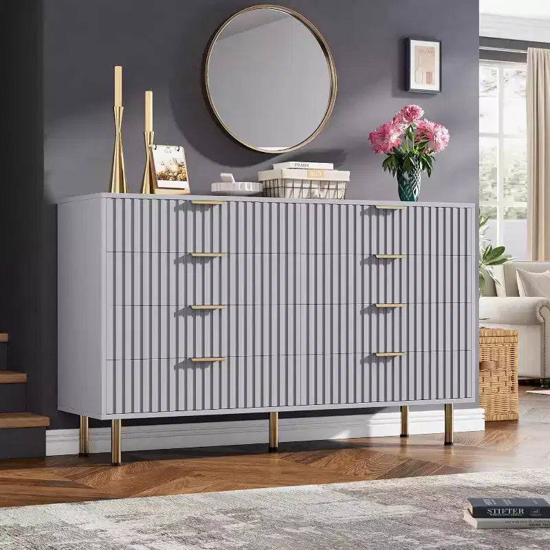 Commode à 8 tiroirs pour chambre à coucher, 140 cm de large, en bois moderne, design anti-basculement, organisateur de rangement robuste pour salon, entrée, chambre d'enfants