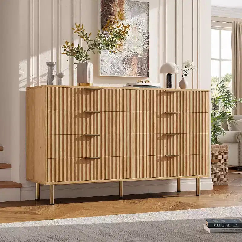 Commode à 8 tiroirs pour chambre à coucher, 140 cm de large, en bois moderne, design anti-basculement, organisateur de rangement robuste pour salon, entrée, chambre d'enfants