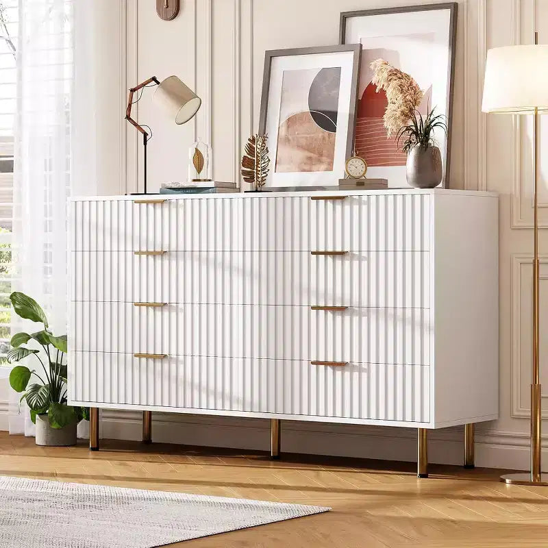 Commode à 8 tiroirs pour chambre à coucher, 140 cm de large, en bois moderne, design anti-basculement, organisateur de rangement robuste pour salon, entrée, chambre d'enfants