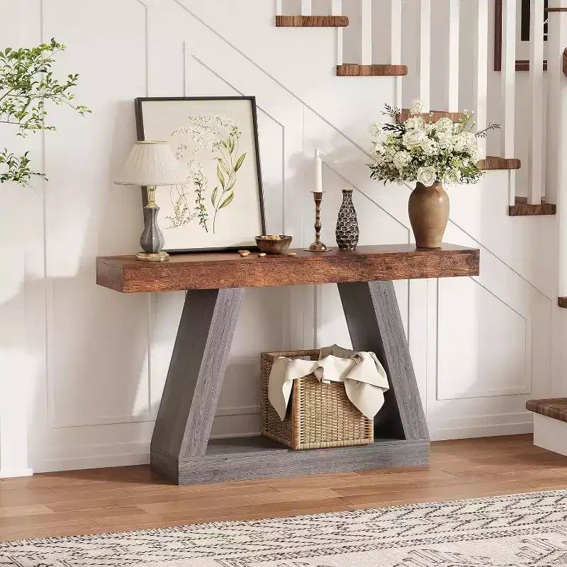 Console avec étagère ouverte, table de canapé en bois à 2 niveaux pour entrée, couloir et salon - Meuble d'entrée au design trapézoïdal