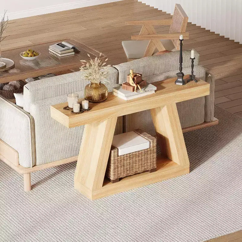 Console avec étagère ouverte, table de canapé en bois à 2 niveaux pour entrée, couloir et salon - Meuble d'entrée au design trapézoïdal