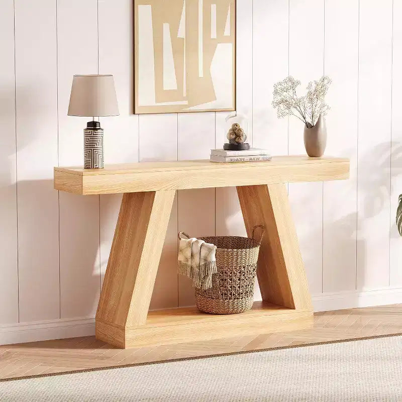 Console avec étagère ouverte, table de canapé en bois à 2 niveaux pour entrée, couloir et salon - Meuble d'entrée au design trapézoïdal