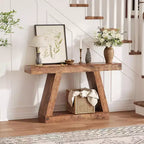 Console avec étagère ouverte, table de canapé en bois à 2 niveaux pour entrée, couloir et salon - Meuble d'entrée au design trapézoïdal