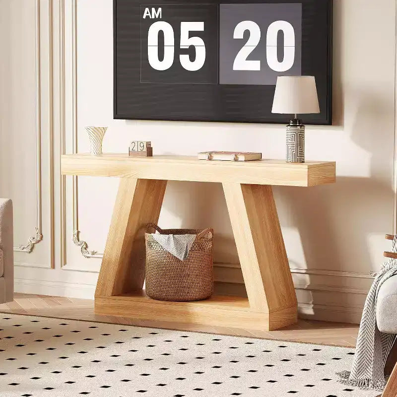 Console avec étagère ouverte, table de canapé en bois à 2 niveaux pour entrée, couloir et salon - Meuble d'entrée au design trapézoïdal