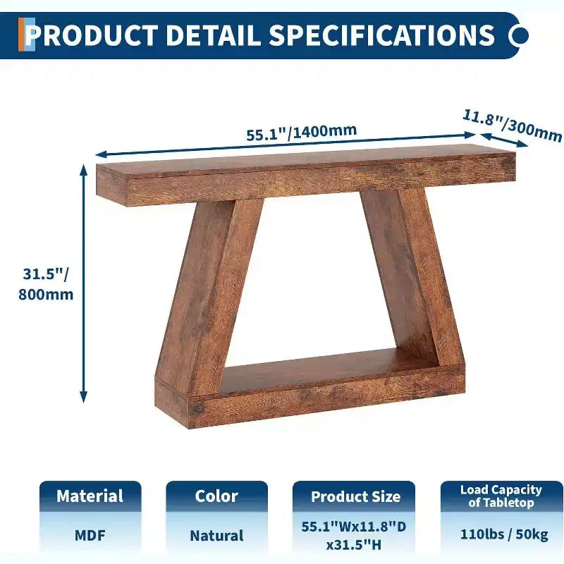 Console avec étagère ouverte, table de canapé en bois à 2 niveaux pour entrée, couloir et salon - Meuble d'entrée au design trapézoïdal