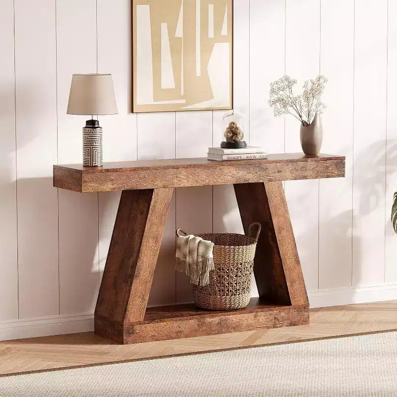 Console avec étagère ouverte, table de canapé en bois à 2 niveaux pour entrée, couloir et salon - Meuble d'entrée au design trapézoïdal