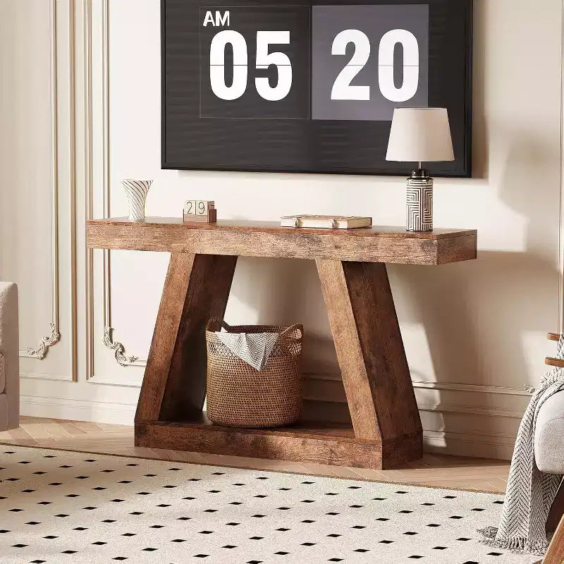 Console avec étagère ouverte, table de canapé en bois à 2 niveaux pour entrée, couloir et salon - Meuble d'entrée au design trapézoïdal