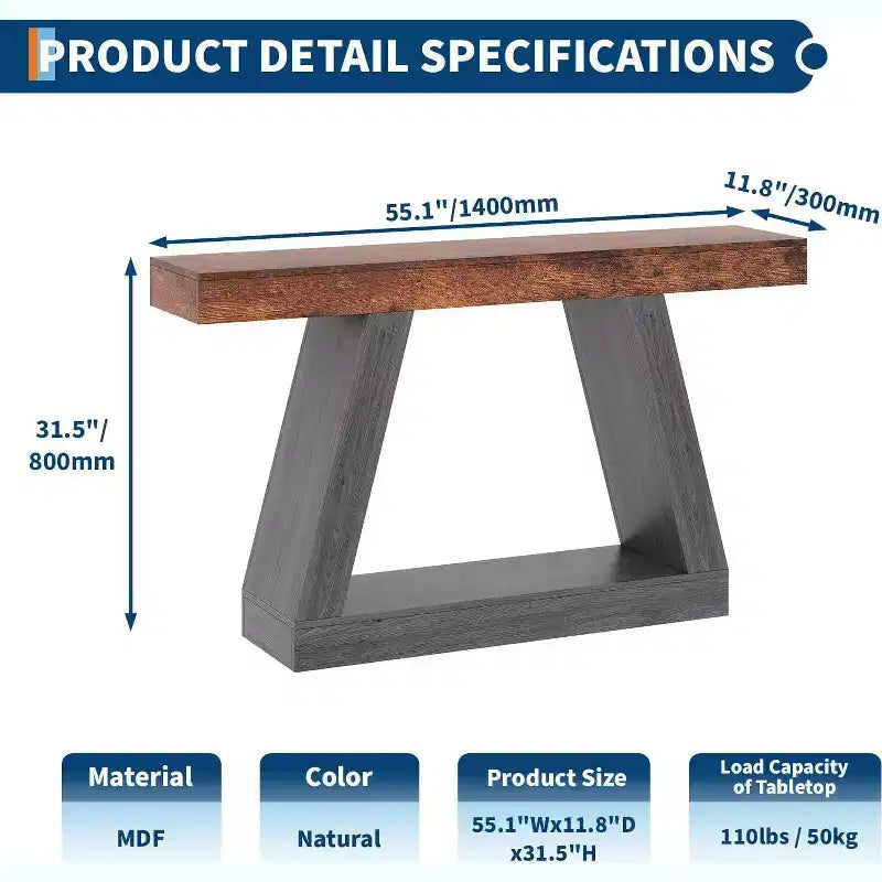 Console avec étagère ouverte, table de canapé en bois à 2 niveaux pour entrée, couloir et salon - Meuble d'entrée au design trapézoïdal