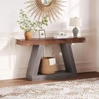 Console avec étagère ouverte, table de canapé en bois à 2 niveaux pour entrée, couloir et salon - Meuble d'entrée au design trapézoïdal