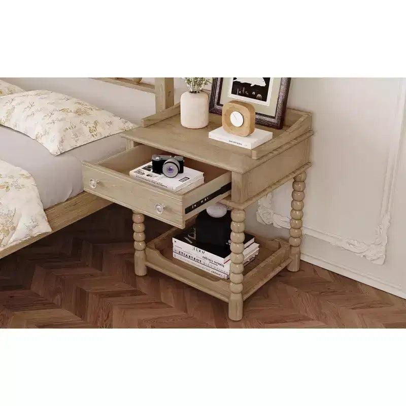 Table de chevet rétro avec tiroir et étagère ouverte, table de chevet avec pieds tournés et poignée en métal, table d'appoint pour chambre à coucher