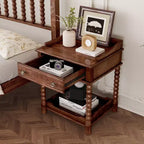 Table de chevet rétro avec tiroir et étagère ouverte, table de chevet avec pieds tournés et poignée en métal, table d'appoint pour chambre à coucher