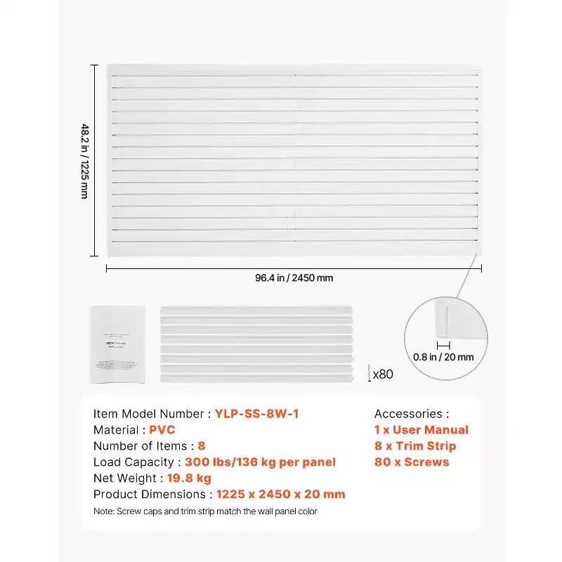 Panneaux muraux à lattes VEVOR, 2,4 x 1,2 m, Lambris PVC avec accessoires, Lambris blanc facile à installer et réglable, Blanc