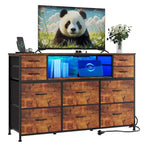 Commode de rangement à 10 tiroirs en tissu, meuble TV avec prise de courant et lumière LED pour téléviseurs de 45 à 55 pouces, commode avec plateau en bois pour chambre à coucher