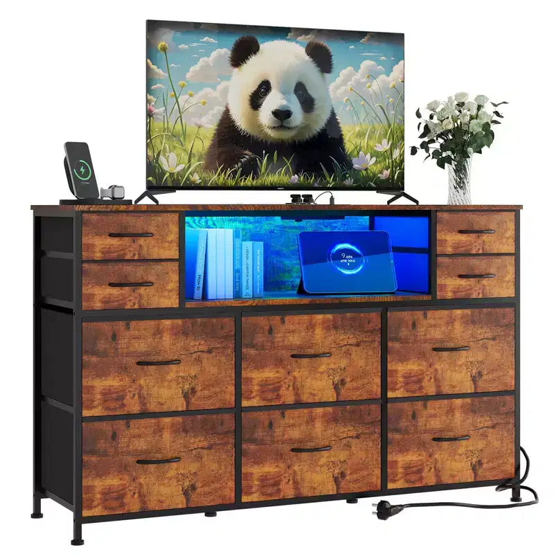 Commode de rangement à 10 tiroirs en tissu, meuble TV avec prise de courant et lumière LED pour téléviseurs de 45 à 55 pouces, commode avec plateau en bois pour chambre à coucher