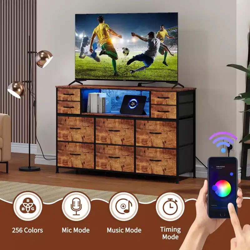 Commode de rangement à 10 tiroirs en tissu, meuble TV avec prise de courant et lumière LED pour téléviseurs de 45 à 55 pouces, commode avec plateau en bois pour chambre à coucher