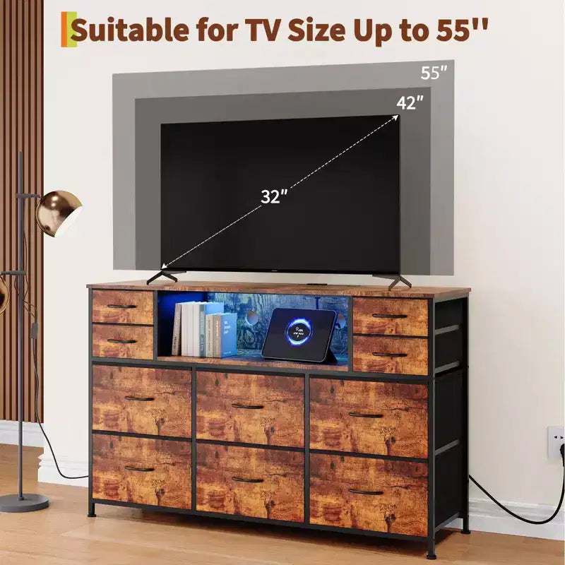 Commode de rangement à 10 tiroirs en tissu, meuble TV avec prise de courant et lumière LED pour téléviseurs de 45 à 55 pouces, commode avec plateau en bois pour chambre à coucher
