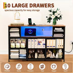Commode de rangement à 10 tiroirs en tissu, meuble TV avec prise de courant et lumière LED pour téléviseurs de 45 à 55 pouces, commode avec plateau en bois pour chambre à coucher