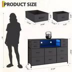 Commode de rangement à 10 tiroirs en tissu, meuble TV avec prise de courant et lumière LED pour téléviseurs de 45 à 55 pouces, commode avec plateau en bois pour chambre à coucher