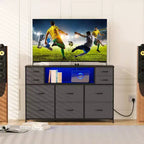 Commode de rangement à 10 tiroirs en tissu, meuble TV avec prise de courant et lumière LED pour téléviseurs de 45 à 55 pouces, commode avec plateau en bois pour chambre à coucher