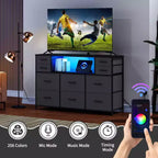 Commode de rangement à 10 tiroirs en tissu, meuble TV avec prise de courant et lumière LED pour téléviseurs de 45 à 55 pouces, commode avec plateau en bois pour chambre à coucher