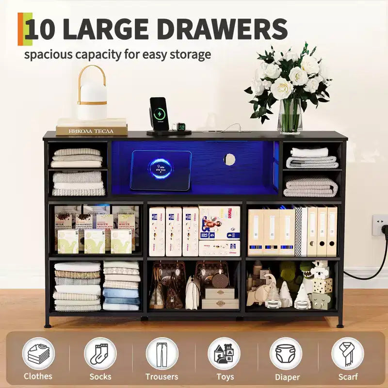 Commode de rangement à 10 tiroirs en tissu, meuble TV avec prise de courant et lumière LED pour téléviseurs de 45 à 55 pouces, commode avec plateau en bois pour chambre à coucher