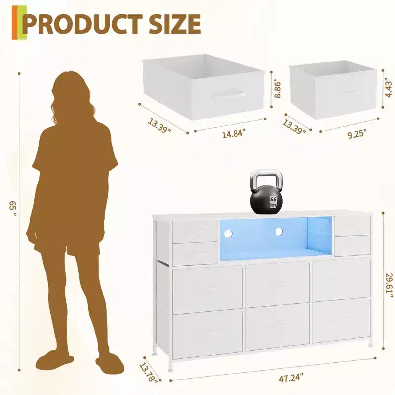 Commode de rangement à 10 tiroirs en tissu, meuble TV avec prise de courant et lumière LED pour téléviseurs de 45 à 55 pouces, commode avec plateau en bois pour chambre à coucher