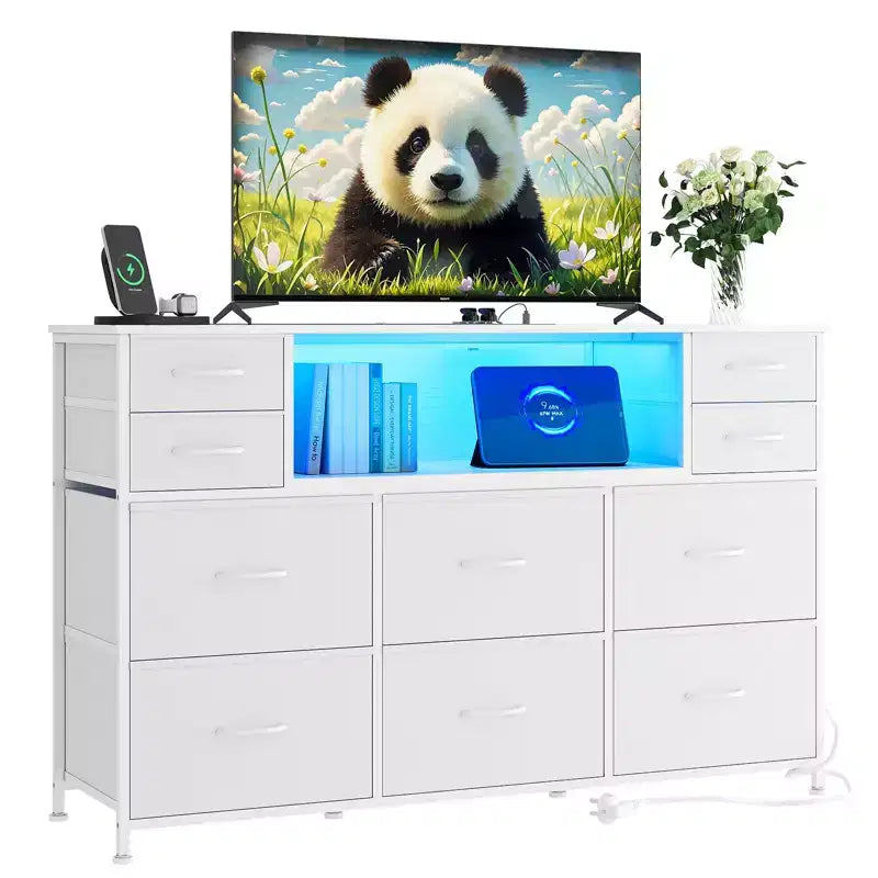 Commode de rangement à 10 tiroirs en tissu, meuble TV avec prise de courant et lumière LED pour téléviseurs de 45 à 55 pouces, commode avec plateau en bois pour chambre à coucher