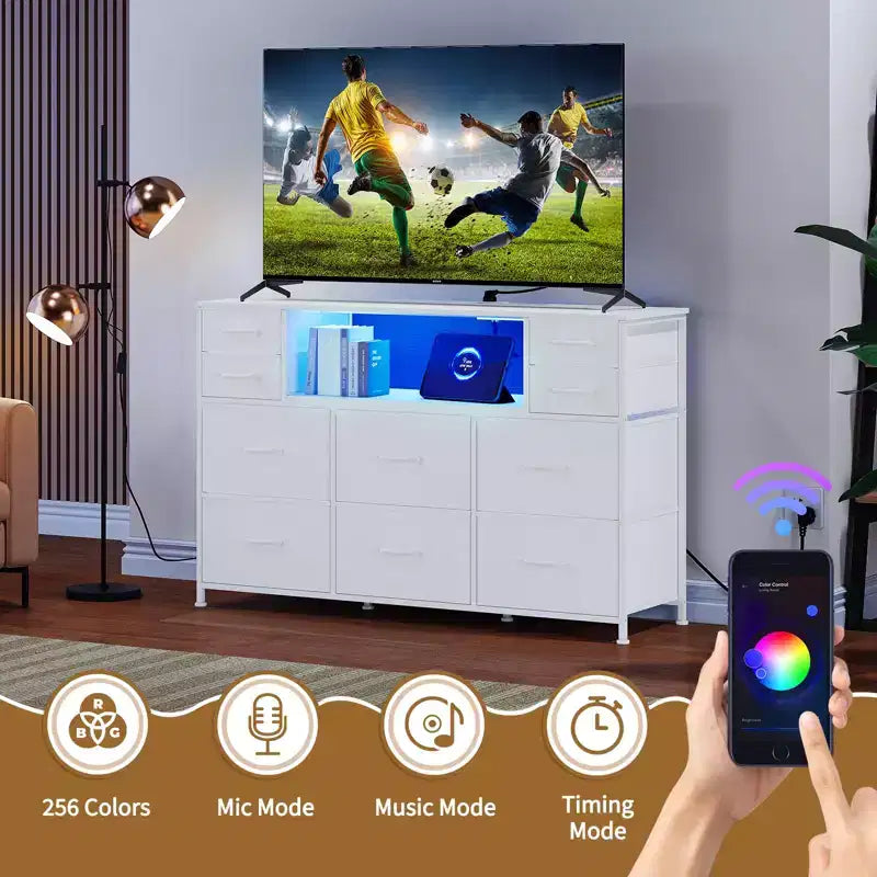 Commode de rangement à 10 tiroirs en tissu, meuble TV avec prise de courant et lumière LED pour téléviseurs de 45 à 55 pouces, commode avec plateau en bois pour chambre à coucher