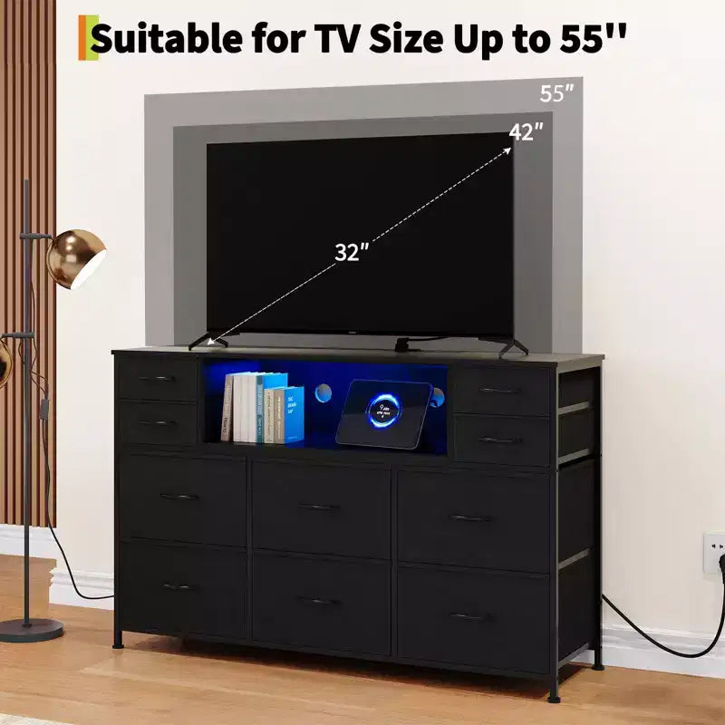 Commode de rangement à 10 tiroirs en tissu, meuble TV avec prise de courant et lumière LED pour téléviseurs de 45 à 55 pouces, commode avec plateau en bois pour chambre à coucher