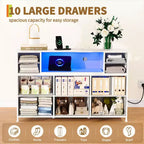 Commode de rangement à 10 tiroirs en tissu, meuble TV avec prise de courant et lumière LED pour téléviseurs de 45 à 55 pouces, commode avec plateau en bois pour chambre à coucher