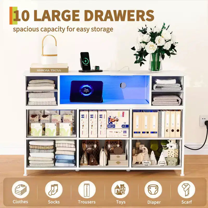 Commode de rangement à 10 tiroirs en tissu, meuble TV avec prise de courant et lumière LED pour téléviseurs de 45 à 55 pouces, commode avec plateau en bois pour chambre à coucher