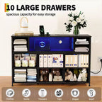 Commode de rangement à 10 tiroirs en tissu, meuble TV avec prise de courant et lumière LED pour téléviseurs de 45 à 55 pouces, commode avec plateau en bois pour chambre à coucher