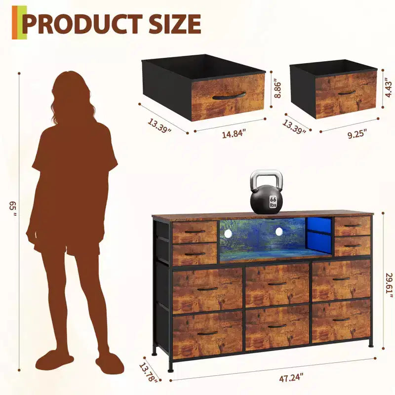 Commode de rangement à 10 tiroirs en tissu, meuble TV avec prise de courant et lumière LED pour téléviseurs de 45 à 55 pouces, commode avec plateau en bois pour chambre à coucher