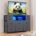Commode de rangement à 10 tiroirs en tissu, meuble TV avec prise de courant et lumière LED pour téléviseurs de 45 à 55 pouces, commode avec plateau en bois pour chambre à coucher